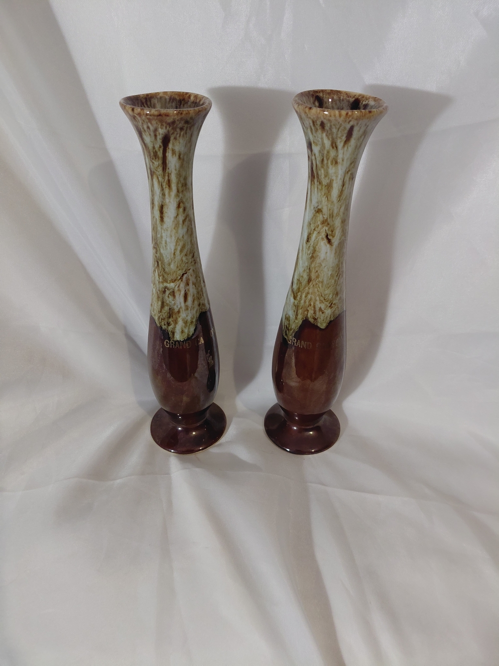 Pearl Brown and Cream Drip-Glaze Bud Vase Pair